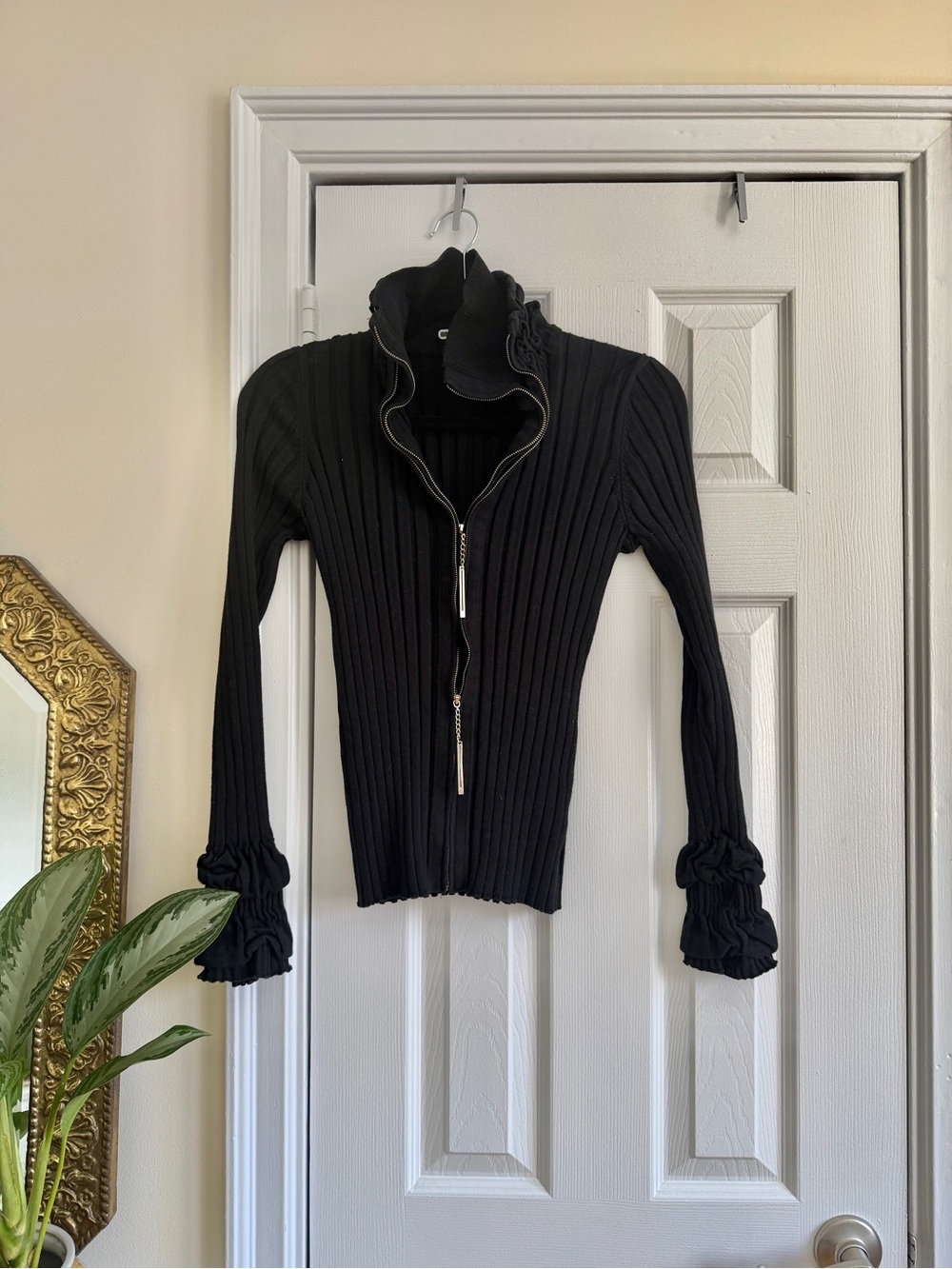Belldini Y2K 90s ruffle hem double zip up jacket sweater